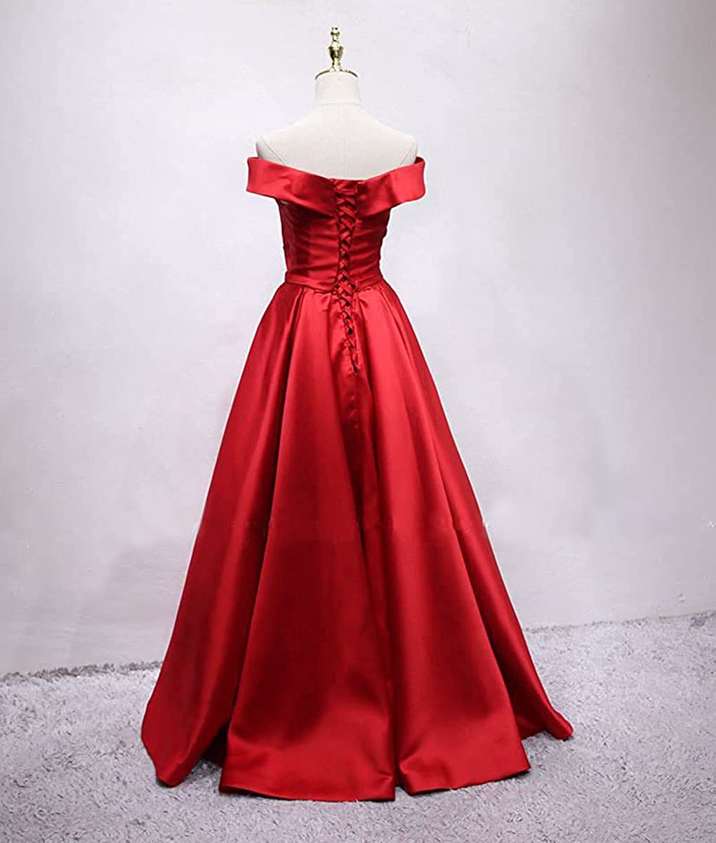 Red Women's Off The Shoulder Prom Dresses Aline Satin Pleated Long Formal Dress